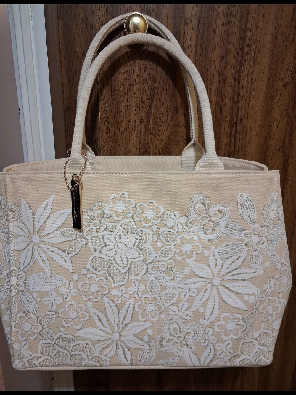 Neiman Marcus Cream Floral Canvas Tote with White Embroidery